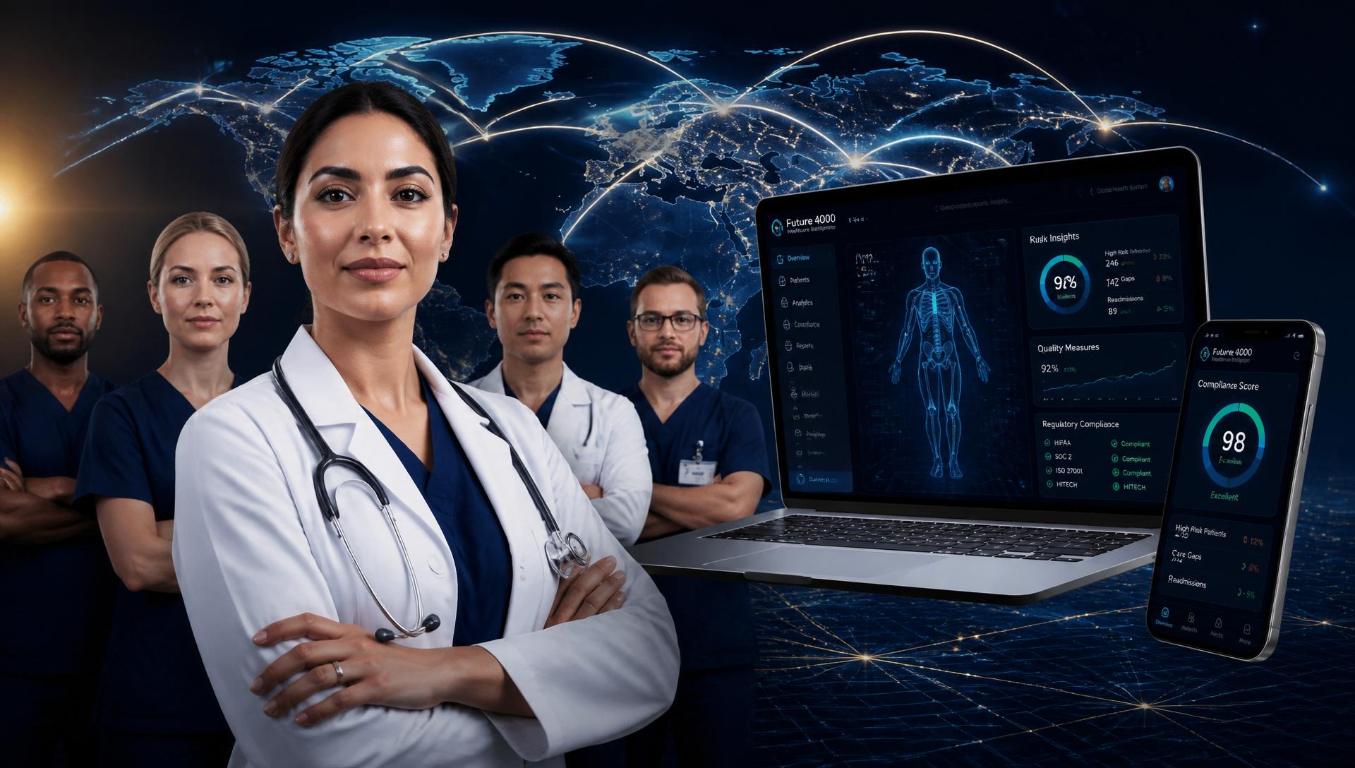 Future 4000 healthcare intelligence platform — clinicians with global compliance dashboard